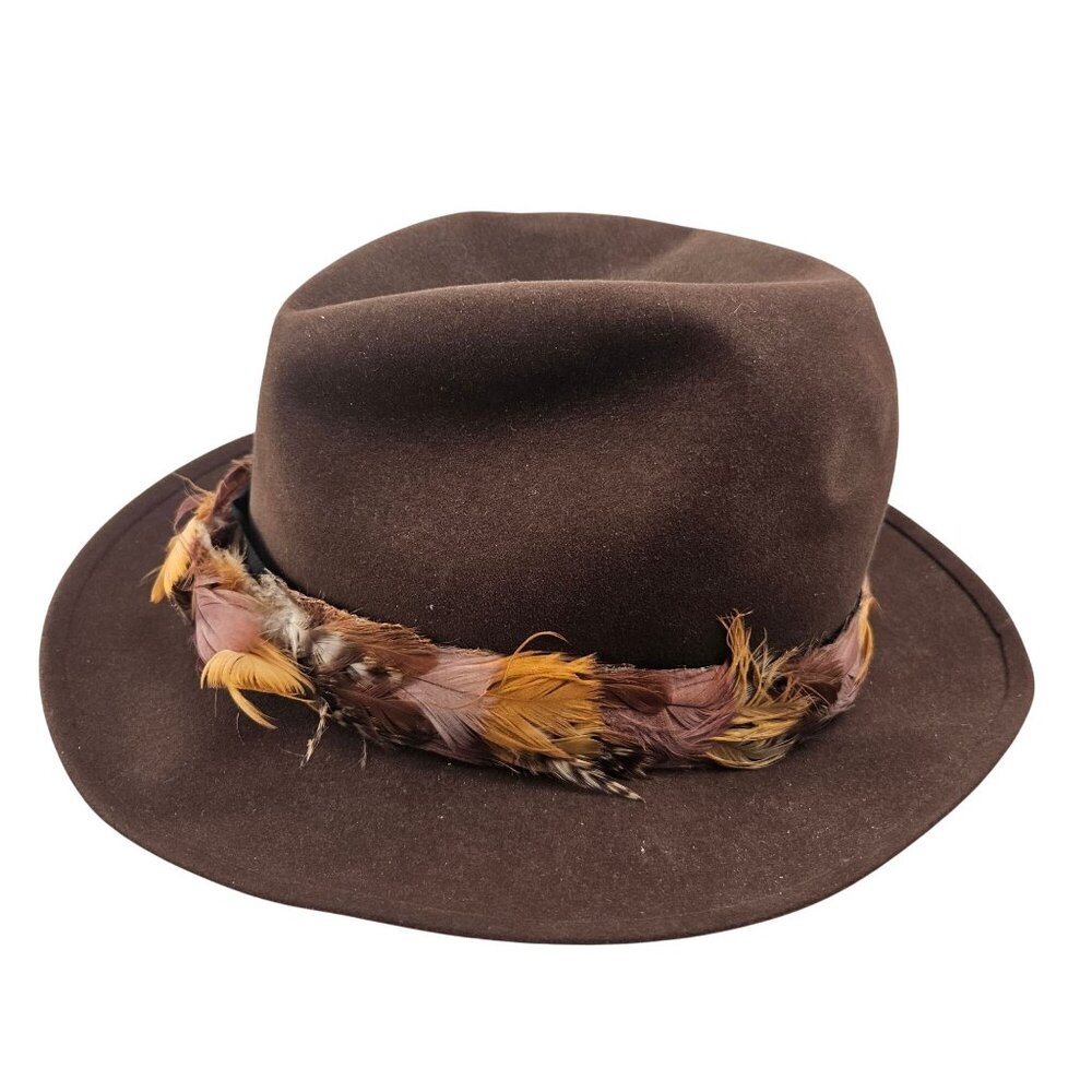 Stetson 3X Beaver Quality Brown Felt Western Hat Feather Band Hecht Co Wide Brim - Picture 3 of 11